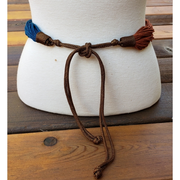 NEW Women's Entwined Teal blue & Rust Natural Tie Rope Braided Belt O/S - Picture 8 of 8
